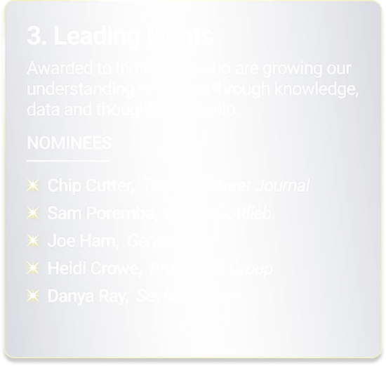 Leading Lights - Awarded to individuals who are growing our understanding of alumni through knowledge, data and thought leadership.